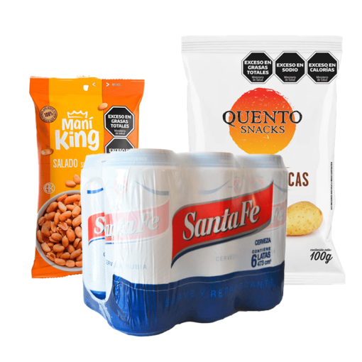 Combo Cerveza Santa Fe x6u +Maní King 100grs+Papas Fritas Quento 100grs