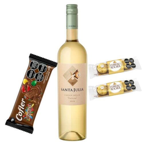 Vino Santa Julia Chenin dulce 750ml + Chocolate Cofler Rocklets 55grs + 2 Ferrero Rocher x3u c/u